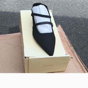 Pointed Black Knit Double-Strap Mary Jane Flats